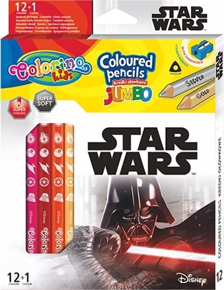 Attēls no Patio Kredki ołówkowe trójkątne JUMBO 12 sztuk 13 kolorów + temperówka Colorino Kids Star Wars