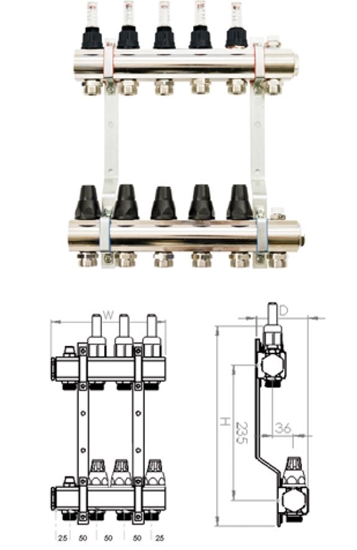 Picture of SiGMA-Li Rozdzielacz mosiężny z zaworem termostatycznym i przepływomierzem 659x346x87mm - RMZTP-12