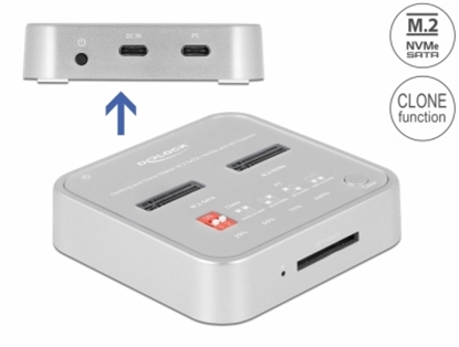 Picture of Delock Docking Station for 1 x M.2 NVMe SSD + 1 x M.2 SATA SSD with SD Express (SD 7.1) Card Reader and Clone Function