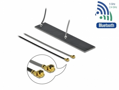 Attēls no Delock WLAN 802.11 ac/ax/a/h/b/g/n Twin Antenna 2 x MHF® I plug 2.2 – 4.0 dBi 2 x 15 cm PCB internal self adhesive