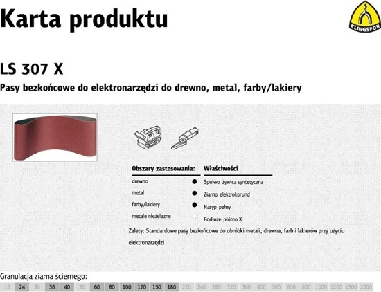 Изображение Klingspor KLINGSPOR PASY BEZKOŃCOWE DO ELEKTRONARZĘDZI LS307X 75mm x 457mm gr. 36 /5szt. K268641