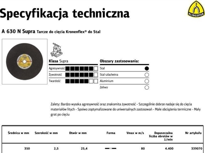 Изображение Klingspor KLINGSPOR TARCZA DO CIĘCIA METALU 350*2,5*25,4 A630N Supra K353324