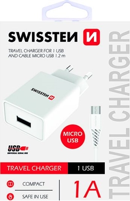 Attēls no Swissten Travel Charger Smart IC USB 1A + Data Cable USB / Micro USB 1.2m