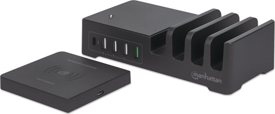 Picture of Manhattan Charging Station with Wireless Charging Pad (detachable), 1x Wireless, 1x USB-C and 4x USB-A Ports, Wireless Output: 2A, USB-C Output: 3A, USB-A Outputs: 1x 3A and 3x 2.4A max, Cable 1m, Black (Power Cable: Euro 2-pin plug to C7 figure-of-8 conn