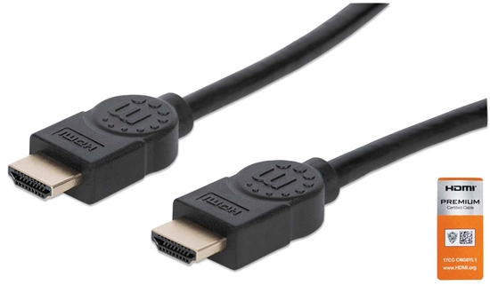 Picture of Manhattan HDMI Cable with Ethernet, 4K@60Hz (Premium High Speed), 1m, Male to Male, Black, Equivalent to HDMM1MP, Ultra HD 4k x 2k, Fully Shielded, Gold Plated Contacts, Lifetime Warranty, Polybag