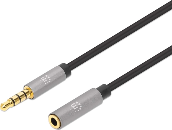 Picture of Manhattan Stereo Audio 3.5mm Extension Cable, 2m, Male/Female, Slim Design, Black/Silver, Premium with 24 karat gold plated contacts and pure oxygen-free copper (OFC) wire, Lifetime Warranty, Polybag