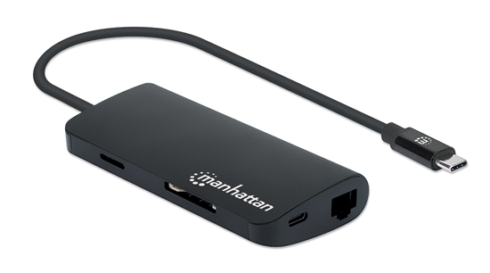 Picture of Manhattan USB-C Dock/Hub with Card Reader, Ports (x5): Ethernet, USB-A (3) and USB-C, 5 Gbps (USB 3.2 Gen1 aka USB 3.0), With Power Delivery (100W) to USB-C Port (Note additional USB-C wall charger and USB-C cable needed), Aluminium, Black, Three Year War