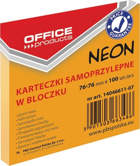 Picture of Office Products Bloczek samoprzylepny OFFICE PRODUCTS, 76x76mm, 1x100 kart., neon, pomarańczowy