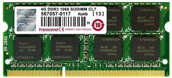 Изображение Pamięć do laptopa Transcend SODIMM, DDR3, 4 GB, 1066 MHz, CL7 (TS512MSK64VIN)