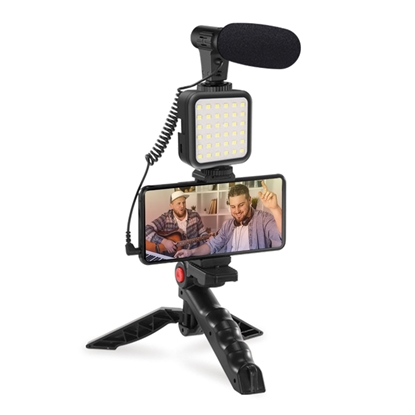 Изображение Podstawka Platinet PLATINET VLOG 4 IN 1 SET ZESTAW DO PROWADZENIA VLOGÓW 4 W 1 MICROPHONE LIGHT PHONE HOLDER ON A TRIPOD + 3 5 JACK TO USB C ADAPTER [45596]