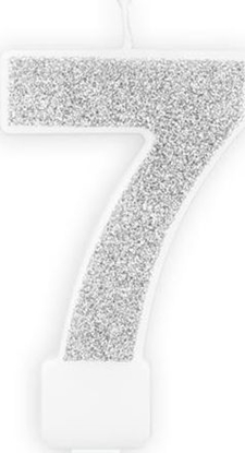 Изображение Świeczka urodzinowa, cyferka 7, srebrna brokatowa, 7 cm. uniwersalny