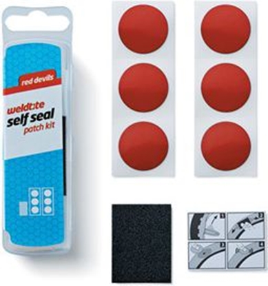 Изображение Weldtite Łatki do opon zestaw PUNCTURE RED DEVILS SELF SEAL PATCH KIT 6 x łatki samoprzylepne pudełko 25 szt. (WLD-1036)