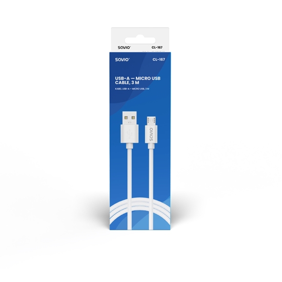 Picture of USB cable 3 m USB 2.0, USB A - Micro USB White SAVIO CL-167