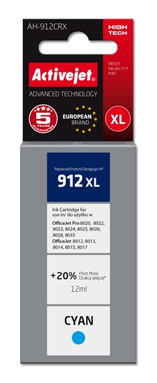 Picture of Activejet AH-912CRX Ink Cartridge (replacement for HP 912XL 3YL81AE; Premium; 990 pages; cyan)