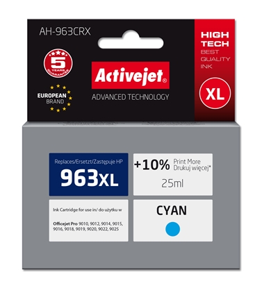 Picture of Activejet AH-963CRX Ink (replacement for HP 963XL 3JA27AE; Premium; 1760 pages; 25 ml, cyan)