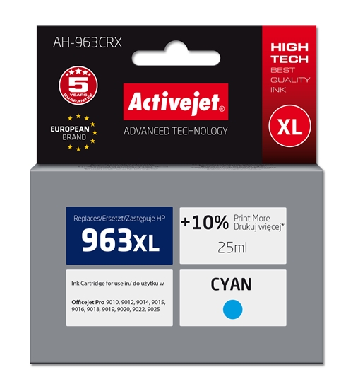 Изображение Activejet AH-963CRX Ink (replacement for HP 963XL 3JA27AE; Premium; 1760 pages; 25 ml, cyan)