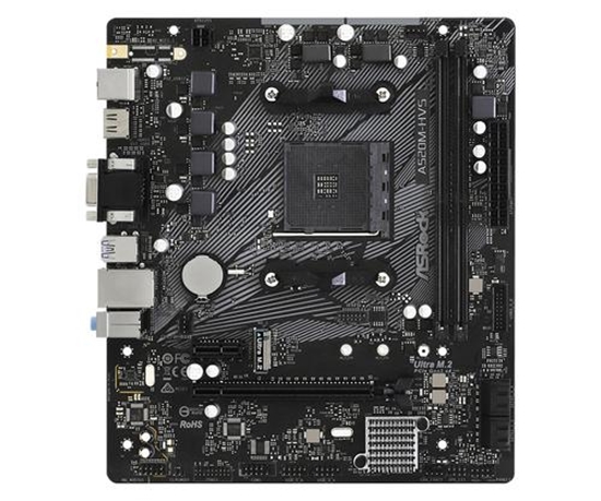 Изображение Mainboard|ASROCK|AMD A520|SAM4|Micro-ATX|Memory DDR4|Memory slots 2|1xPCI-Express 3.0 1x|1xPCI-Express 3.0 16x|1xM.2|1x15pin D-sub|1xHDMI|2xAudio-In|1xAudio-Out|2xUSB 2.0|4xUSB 3.2|1xPS/2|1xRJ45|A520M-HVS