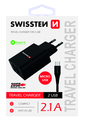 Изображение Swissten Premium Travel Charger USB 2.1A / 10.5W With Micro USB Cable 1.2m