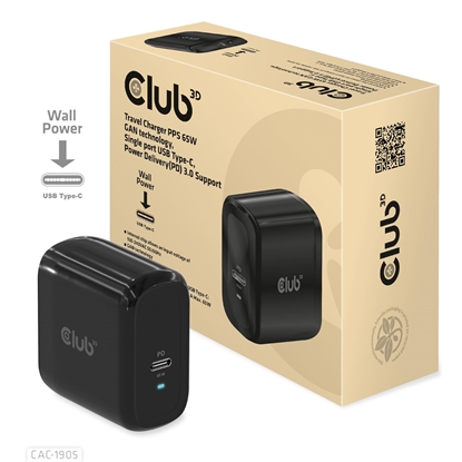 Picture of CLUB3D Travel Charger PPS 65W GAN technology, Single port USB Type-C, Power Delivery(PD) 3.0 Support