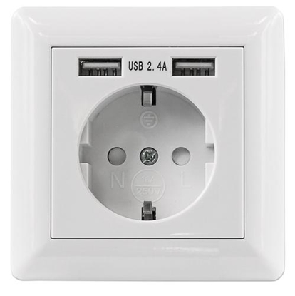 Attēls no Intellinet 2-Port USB-A Wall Outlet and CEE 7/3 Socket with Faceplate, Two Charging Ports, One Socket Standard IEC60884, Output 5 V / 2.4 A, 80 x 80 European Faceplate