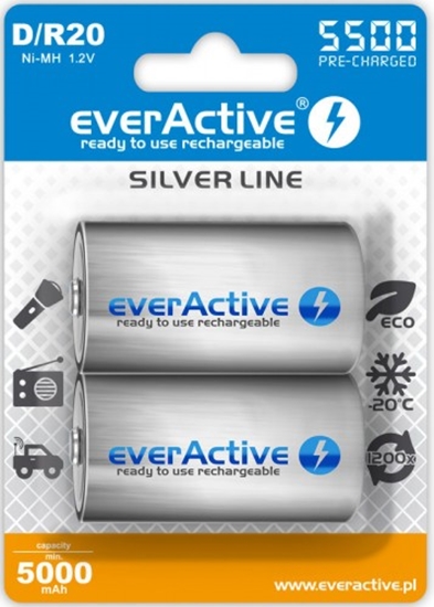 Picture of AKD.eA.SL2; R20/D akumulatori 1.2V everActive Silver line Ni-MH 5500 mAh iepakojumā 2 gb.