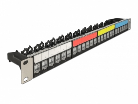 Изображение Delock 19″ Keystone Patch Panel 24 port with cable fixing rail, labelling field and dust protection 1U black