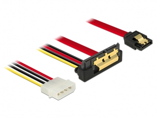 Picture of Delock Cable SATA 6 Gb/s 7 pin receptacle + Molex 4 pin power plug > SATA 22 pin receptacle downwards angled metal 30 cm