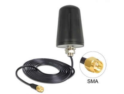 Изображение Delock WLAN 802.11 b/g/n Antenna SMA Plug 3 dBi omnidirectional with connection cable (RG-174, 3 m) roof mount outdoor black