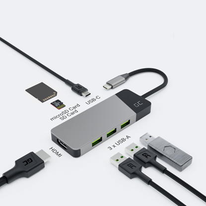 Attēls no GREEN CELL HUB USB-C ADAPTER GC CONNECT 7W1 (3XUSB 3.1, HDMI 4K 60HZ, USB-C PD 85W, MICROSD/SD)