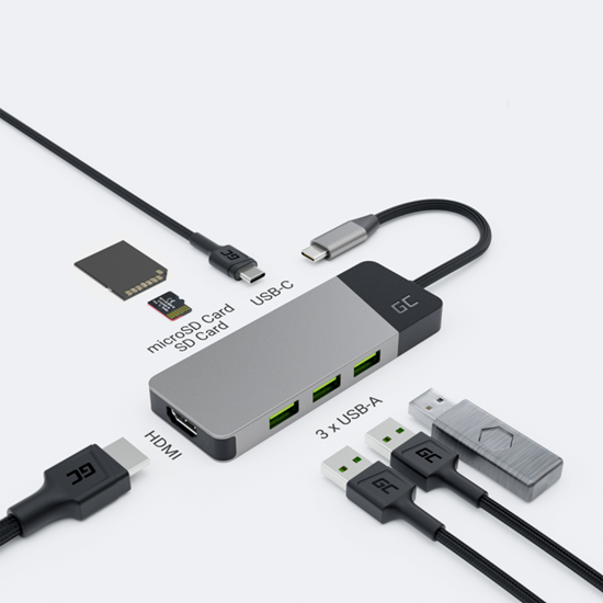 Picture of GREEN CELL HUB USB-C ADAPTER GC CONNECT 7W1 (3XUSB 3.1, HDMI 4K 60HZ, USB-C PD 85W, MICROSD/SD)