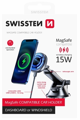 Изображение Swissten Magnetic Car Holder with Wireless Charger 15W (MagSafe compatible)