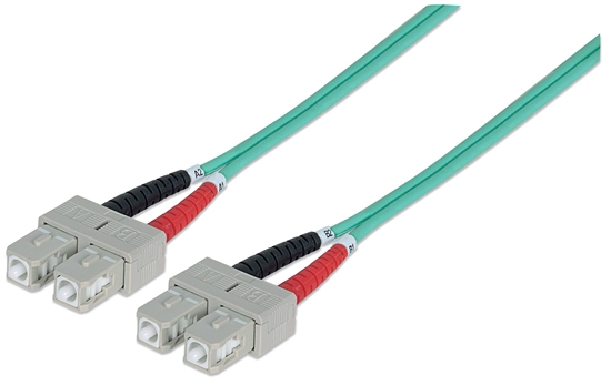 Picture of Intellinet Fiber Optic Patch Cable, OM3, SC/SC, 2m, Aqua, Duplex, Multimode, 50/125 µm, LSZH, Fibre, Lifetime Warranty, Polybag