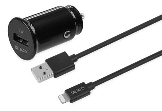 Изображение Auto įkroviklis DELTACO 2.4 A, 12 W  su USB-C - iPhone Lightning 1m kabeliu, juodas / USB-CAR130