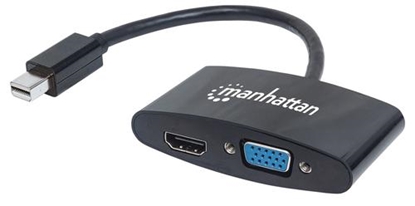 Изображение Manhattan Mini DisplayPort 1.2 to HDMI or VGA Adapter Cable (2-in-1), 25cm, Black, Passive, Male to Female, HDMI 4K@30Hz, VGA@60Hz, Note: Only One Port can be used at a time, Equivalent to Startech MDP2HDVGA, Lifetime Warranty, Blister