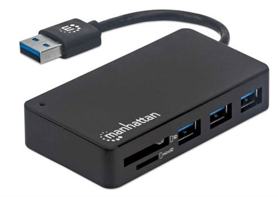 Изображение Manhattan USB-A 3-Port Hub with Card Reader, 3x USB-A ports, 5 Gbps (USB 3.2 Gen1 aka USB 3.0), SD, MicroSD, MMC and Memory Stick; Bus Power, SuperSpeed USB, Black, Three Year Warranty, Box