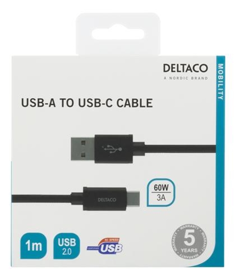 Изображение Mob. telefono kabelis DELTACO USB 2.0, "A-C", 60W, 3A, 1m juodas/ USBC-1132M