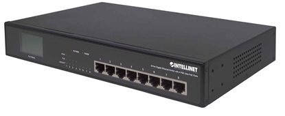 Изображение Intellinet 8-Port Gigabit Ethernet Switch with 4 Ultra PoE Ports and LCD Screen, 8 x 10/100/1000 ports, 4 x IEEE 802.3bt Power over Ethernet (Ultra PoE) Ports, LCD Display, 140 W, Desktop, 19" Rackmount (Euro 2-pin plug)