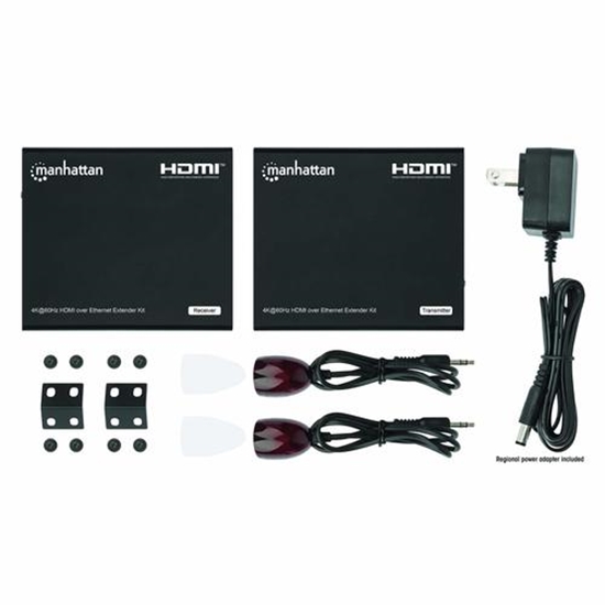 Picture of Manhattan 4K HDMI over Ethernet Extender Kit, Extends 4K@60Hz signal up to 70m with a single Cat6 Ethernet Cable, Transmitter and Receiver, Power over Cable (PoC), Black, Three Year Warranty, Box