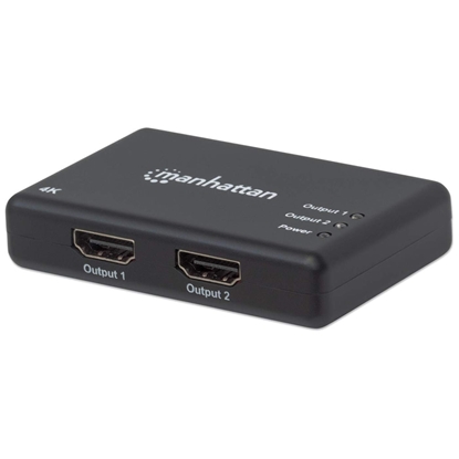 Изображение Manhattan HDMI Splitter 2-Port , 4K@30Hz, Displays output from x1 HDMI source to x2 HD displays (same output to both displays), AC Powered (cable 0.9m), Black, Three Year Warranty, Retail Box (With Euro 2-pin plug)