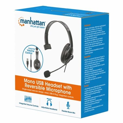 Изображение Manhattan Mono Over-Ear Headset (USB), Reversible Microphone Boom (padded), Retail Box Packaging, In-Line Volume/Mute Control, Padded Ear Cushion, USB-A for both sound and mic use, cable 2m, Three Year Warranty