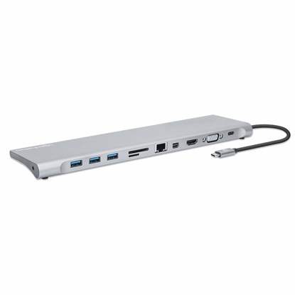 Attēls no Manhattan USB-C Dock/Hub with Card Reader and MST, Ports (x9): Audio 3.5mm, Mini DP, Ethernet, HDMI, USB-A (x3), USB-C and VGA, With Power Delivery (100W) to USB-C Port (Note add USB-C wall charger and USB-C cable needed),All Ports can be used at the same