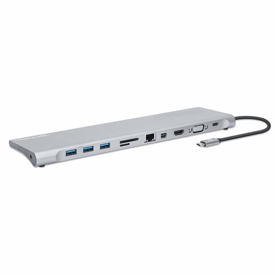 Picture of Manhattan USB-C Dock/Hub with Card Reader and MST, Ports (x9): Audio 3.5mm, Mini DP, Ethernet, HDMI, USB-A (x3), USB-C and VGA, With Power Delivery (100W) to USB-C Port (Note add USB-C wall charger and USB-C cable needed),All Ports can be used at the same