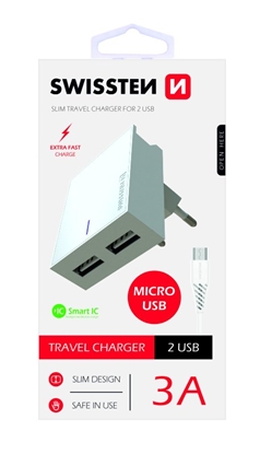 Изображение Swissten Smart IC Travel Charger 2x USB 3А / 15W With Micro USB Cable 1.2m