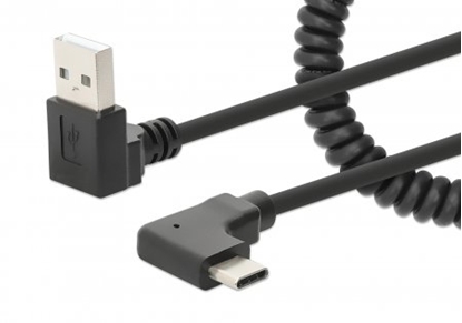 Изображение Manhattan USB-C to USB-A Cable, 1m, Male to Male, Black, 480 Mbps (USB 2.0), Tangle Resistant Curly Design, Angled Connectors, Ideal for Charging Cabinets/Carts, Hi-Speed USB, Lifetime Warranty, Polybag