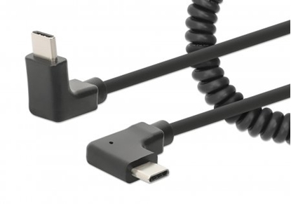 Attēls no Manhattan USB-C to USB-C Cable, 1m, Male to Male, Black, 480 Mbps (USB 2.0), Tangle Resistant Curly Design, Angled Connectors, Ideal for Charging Cabinets/Carts, Power Delivery up to 60W, Hi-Speed USB, Lifetime Warranty, Polybag