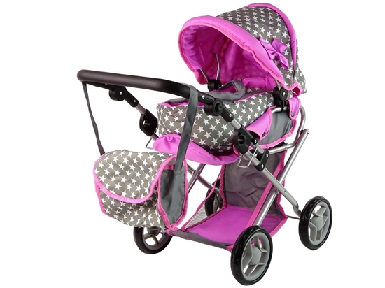 Изображение Gray Pink Stars vaikiškas vežimėlis lėlėms su krepšiu