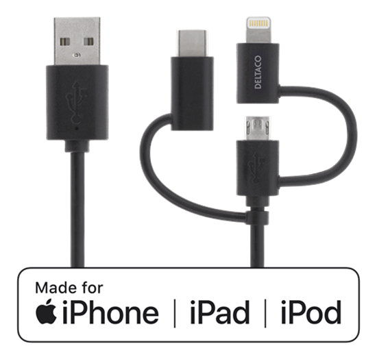 Изображение Įkrovimo ir sinchronizavimo kabelis, 1m, micro USB, USB-C, Lightning DELTACO juodas / IPLH-155