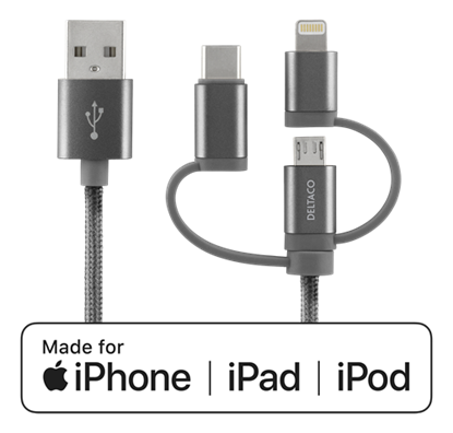 Изображение Mob. telefono kabelis DELTACO Micro USB, USB-C, Lightning, pilkas, 1m / IPLH-597