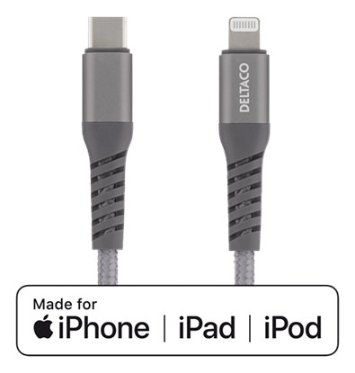 Attēls no Mob. telefono kabelis DELTACO USB-C su Lightning jungtimi, 1m, pilkas / IPLH-314M