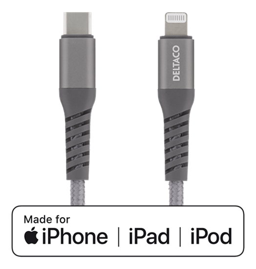 Изображение Mob. telefono kabelis DELTACO USB-C su Lightning jungtimi, 1m, pilkas / IPLH-314M